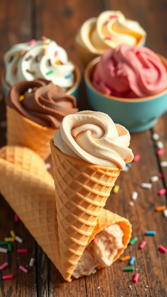 Freshly baked ice cream cones on a wooden table, ready to be filled with colorful ice cream.